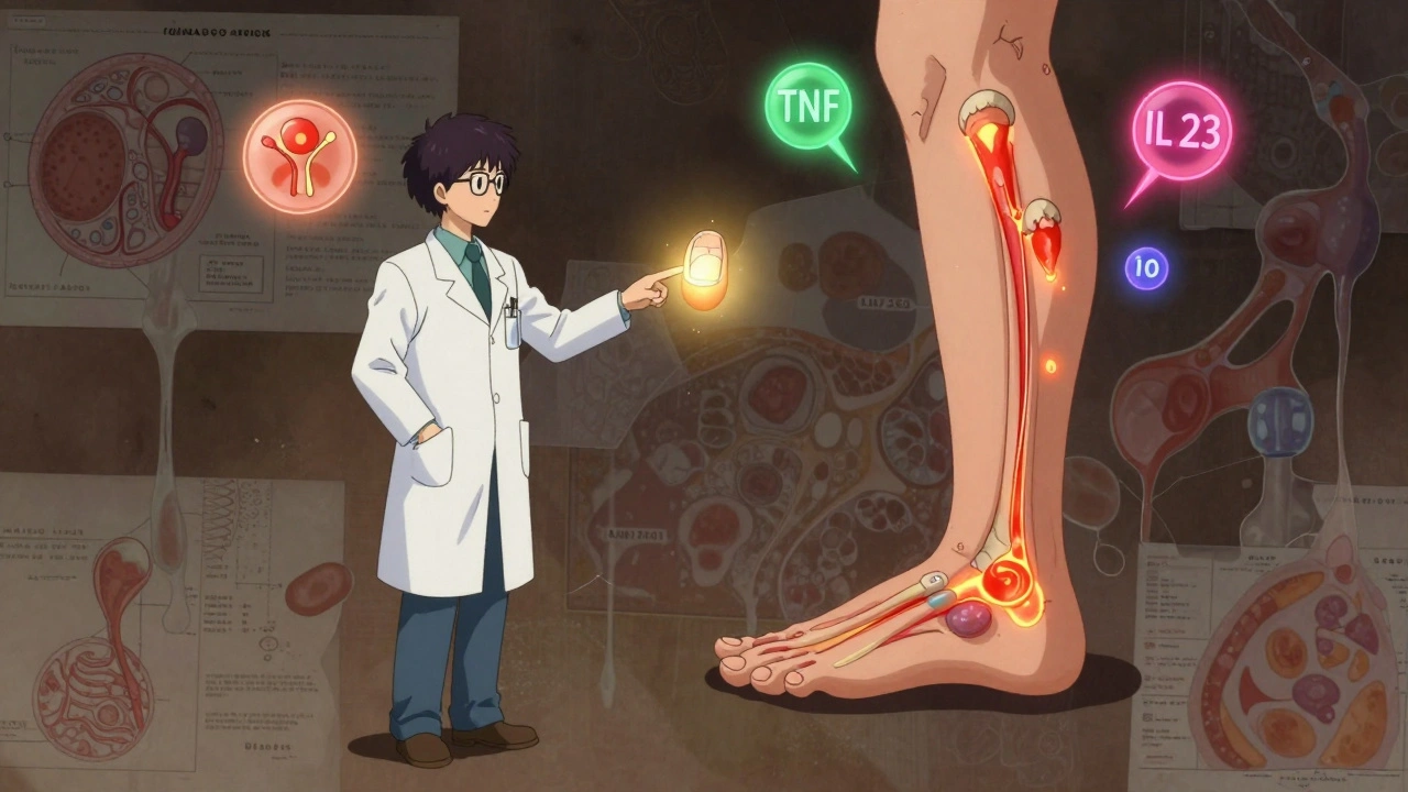 Dermatologist and rheumatologist observing a patient with glowing nail and tendon inflammation, medical symbols floating nearby.
