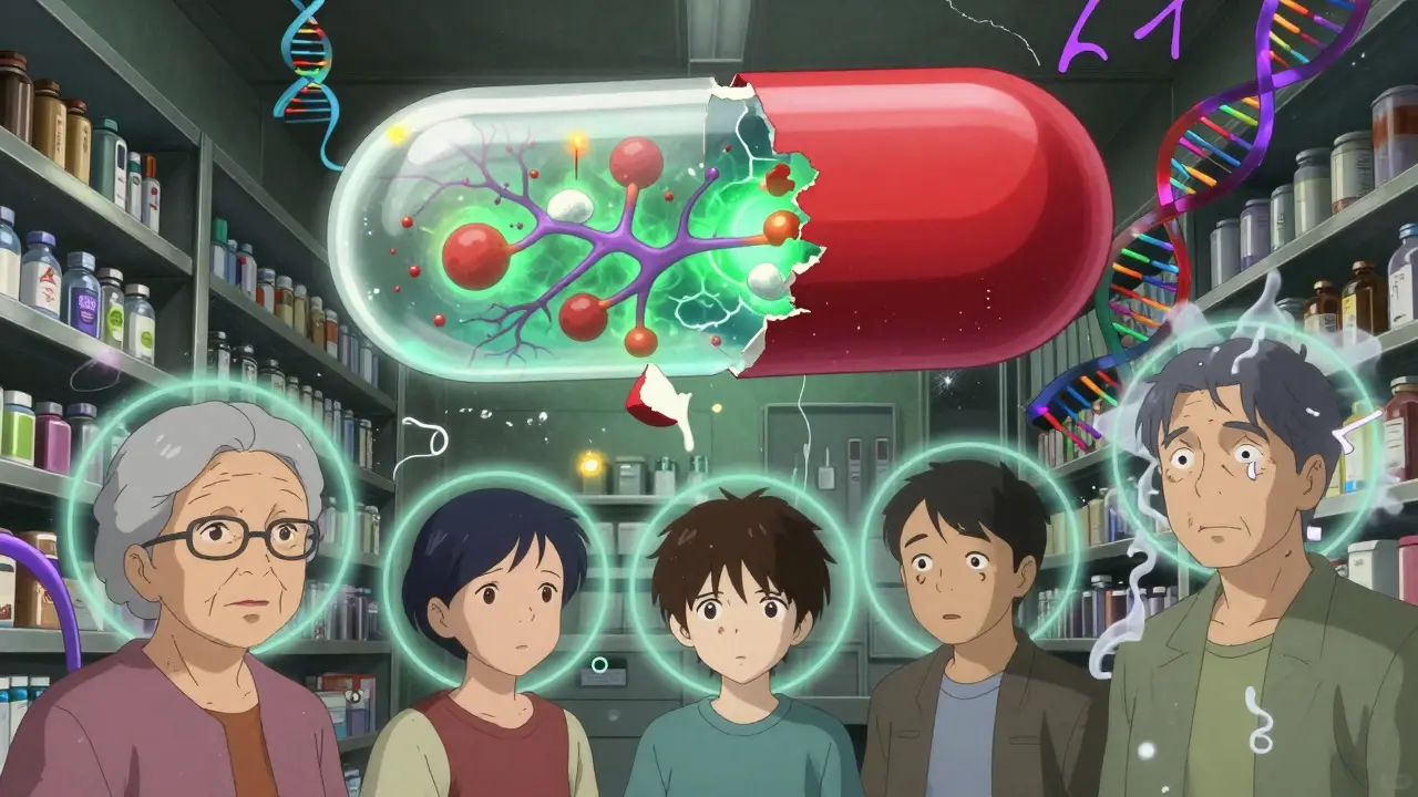 Diverse patients surrounded by personalized excipient threats, with a crumbling pill revealing disrupted biological networks.