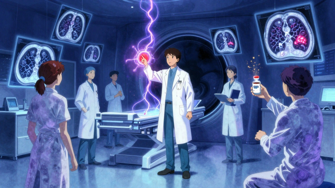 Doctors analyzing floating CT scans of lung fibrosis in a glowing room with animated medical symbols.