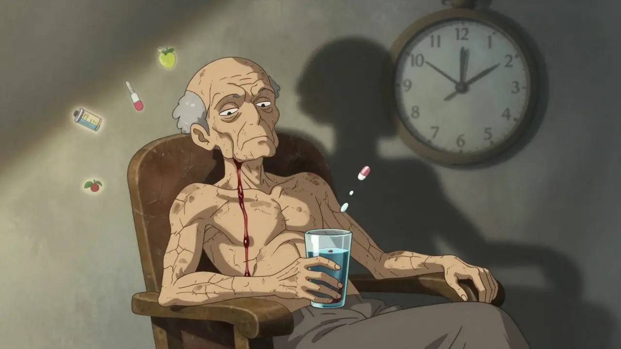 Elderly man with cracked skin and syrupy blood, surrounded by floating medical icons in a dreamlike setting.