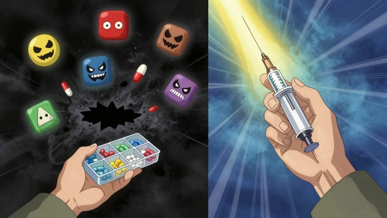 Elderly person holding pill organizer with menacing drug icons swirling into a black hole, epinephrine injector glowing.