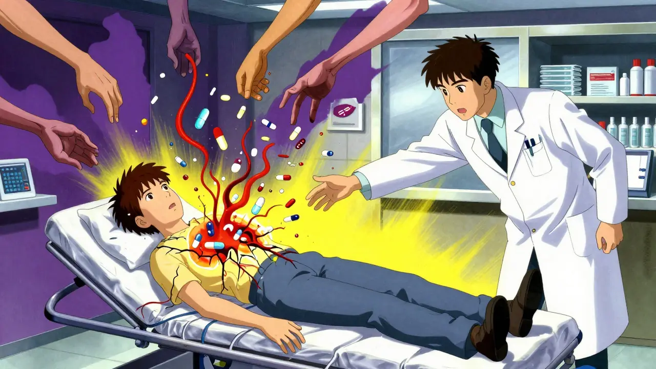 ER scene with patient’s chest glowing, pills and blood vessels swirling, doctors reaching with distorted limbs.