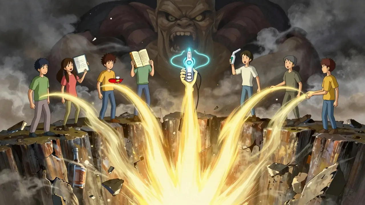 Figures on a cliff holding treatment tools as a crumbling alcohol monster disintegrates below, with golden light rising toward them in a dynamic, expressive style.