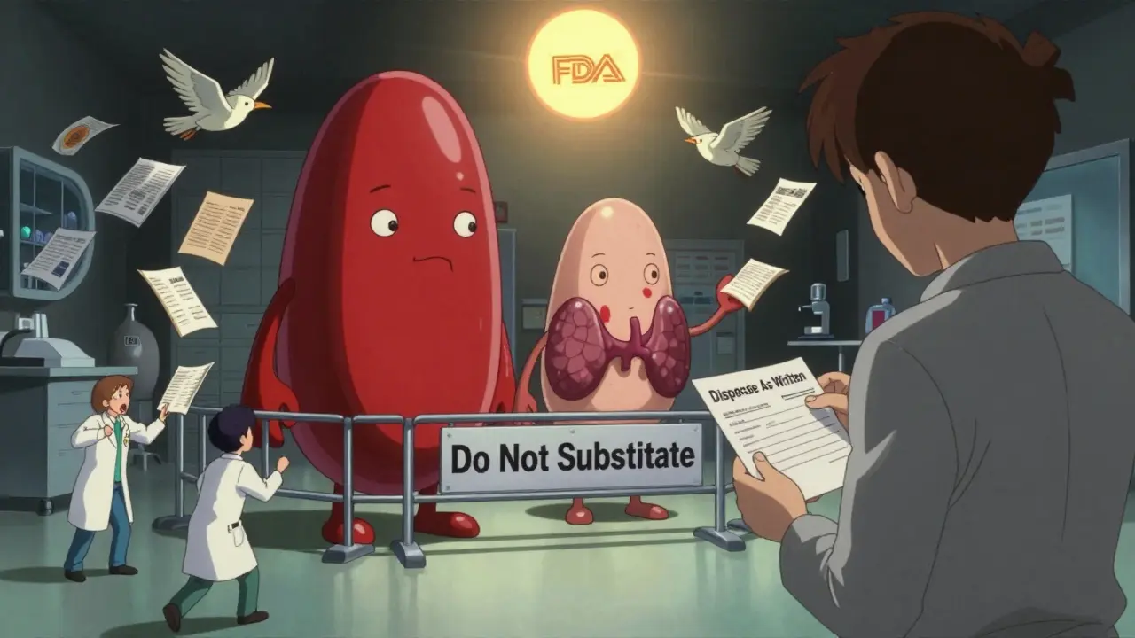 Giant NTI drugs cowering as pharmacists flip through morphing rulebooks, FDA stamp above, anime style.