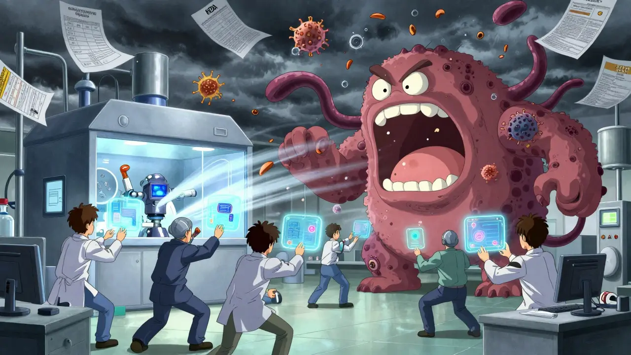 Giant sneeze monster attacking a robotic isolator in a pharmaceutical battle.