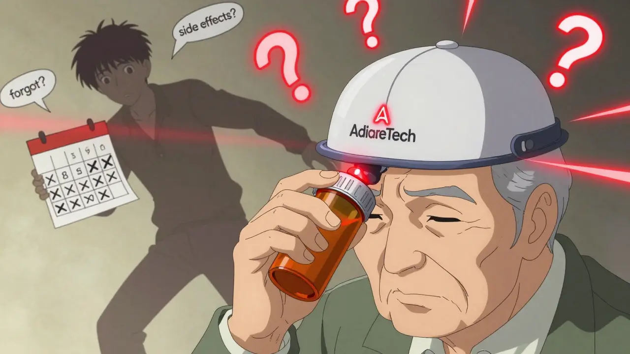 Man hesitating over a smart pill cap with surreal shadow and question marks floating nearby.