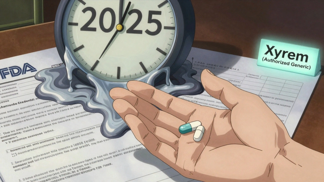 Patient&#039;s hand holding two pills as their body dissolves into ink lines, with a dripping clock and a glowing Xyrem label in the corner.