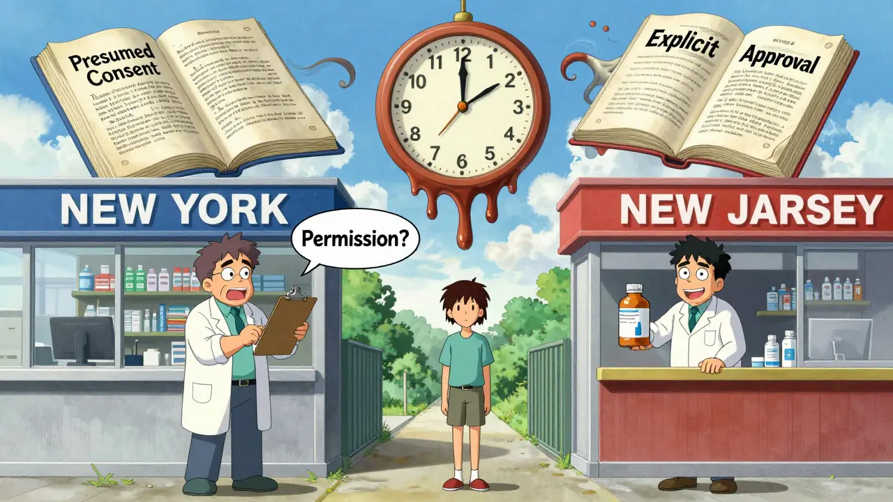 Patient at a state border with two pharmacies, pharmacists reacting differently to generic substitution, vibrant anime style.