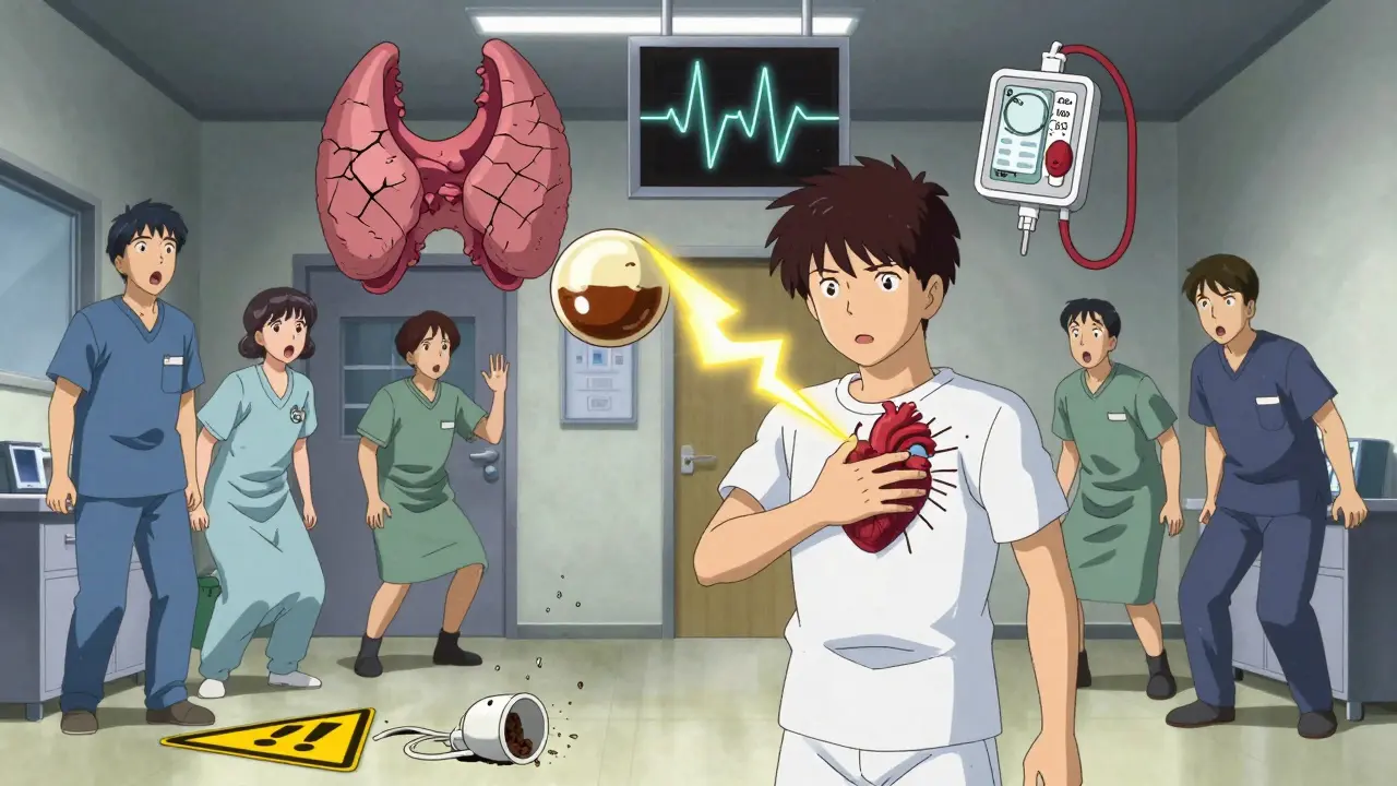 Patient in ER with racing heart struck by caffeine lightning, medical staff reacting in shock.