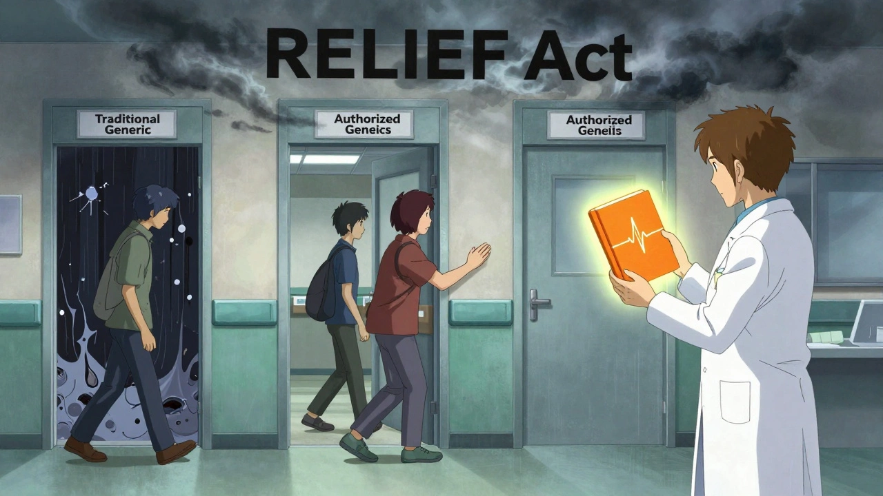 Patients walking through two doors—one chaotic, one calm—toward different pill types, with a glowing Orange Book in a pharmacist&#039;s hand.