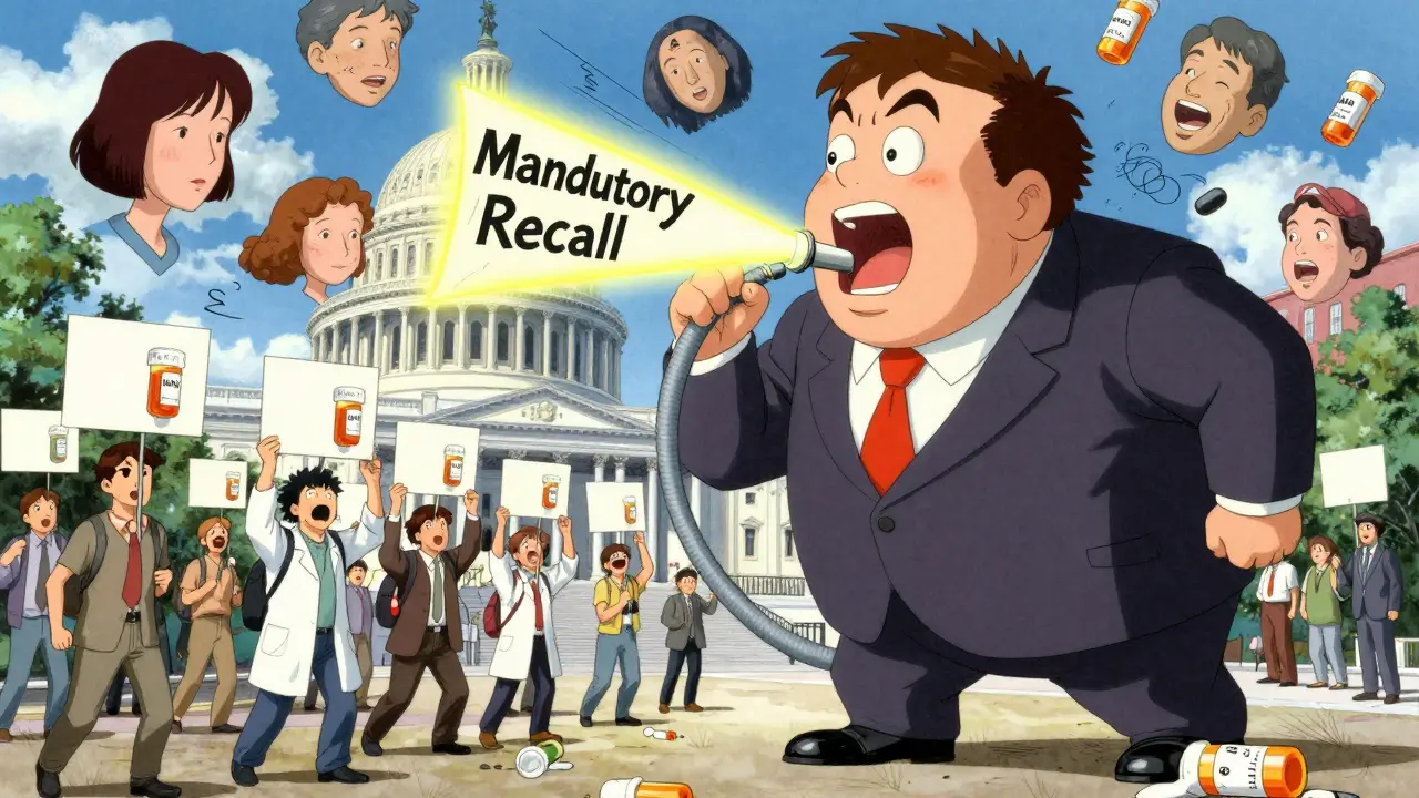 Protesters with melting pill signs against a lobbyist trying to swallow a recall bill, all in surreal anime style.