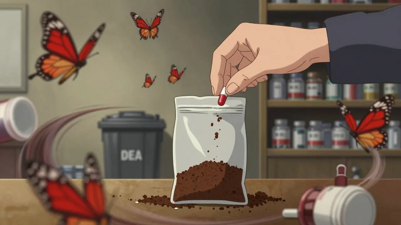 Someone disposing of expired pills in a sealed bag as medicine bottles turn into butterflies.