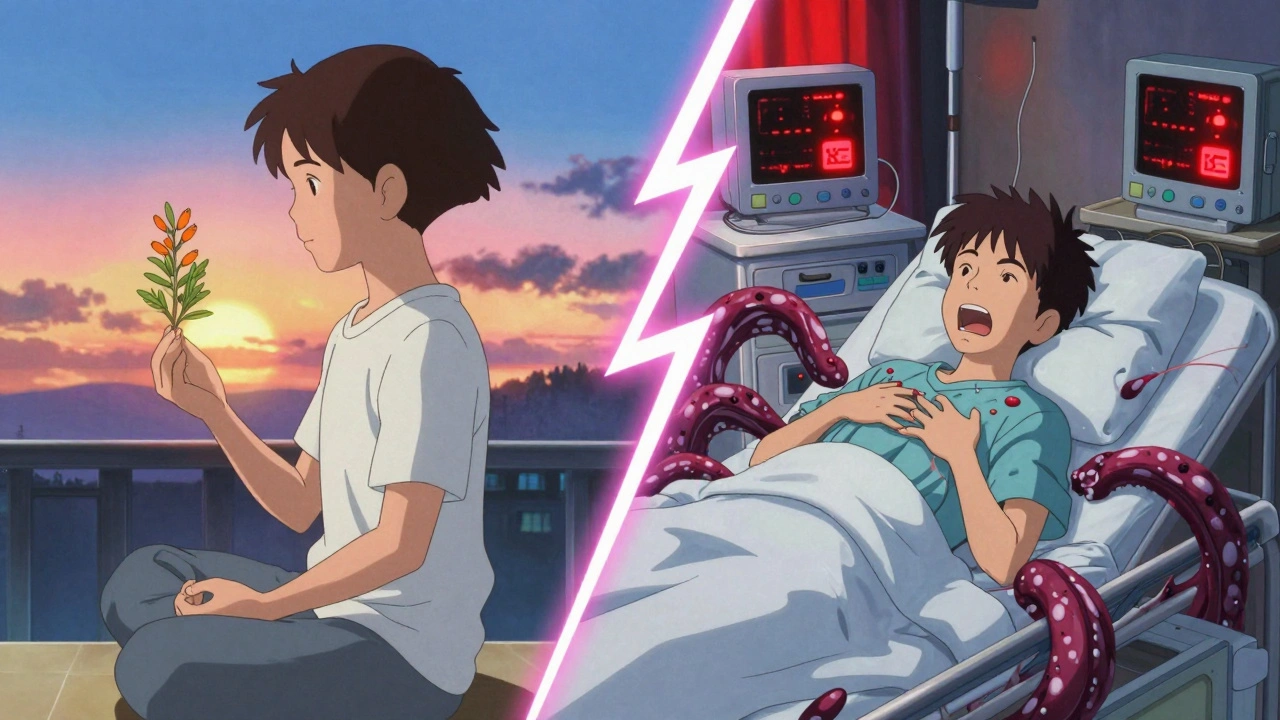 Split image: peaceful rhodiola user vs. same person in hospital with serotonin tentacles gripping their chest.