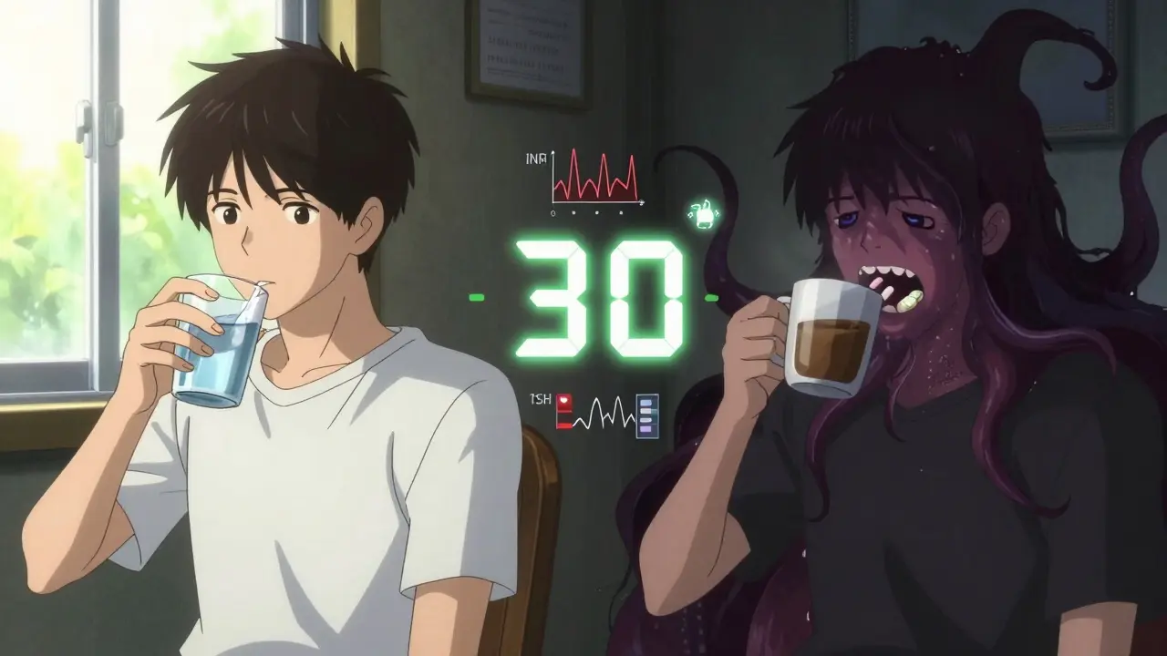 Split scene: calm pill-taking vs. coffee monster swallowing medication, with timer in between.