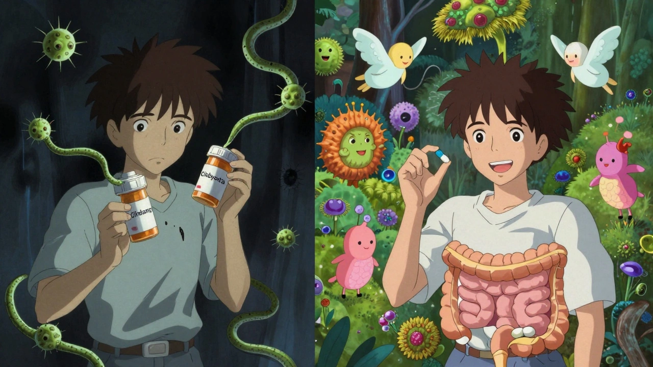 Split scene: one side shows danger from clindamycin, the other healing with FDA-approved capsules, all in expressive anime style.
