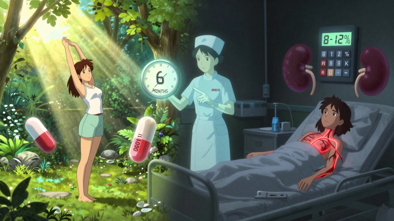 Split scene: peaceful sunlit woman with low-dose vitamin D vs. hospitalized version with glowing veins and kidney stones, a clock ticking toward 6 months.