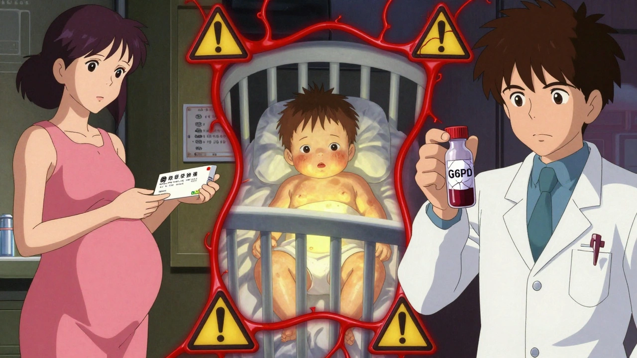 Three interconnected scenes: a pregnant woman, a jaundiced baby, and a blood test with glowing enzyme icons in a warped medical landscape.
