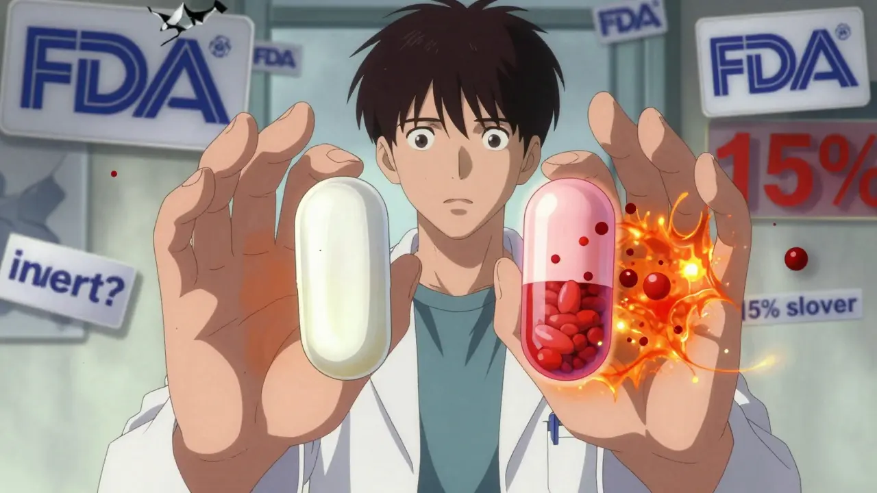 Two identical pills with contrasting internal excipient structures revealed in spectral overlays, watched by a concerned patient.