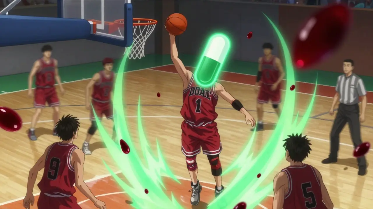 A basketball player mid-dunk surrounded by frozen blood droplets, with a DOAC pill glowing above them as a protective symbol.