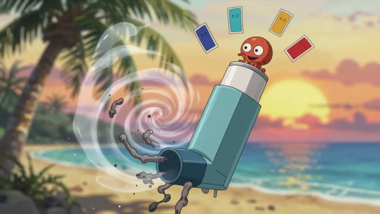 A dry powder inhaler clogged by moisture and mold, with humidity indicator cards turning pink in a tropical environment.