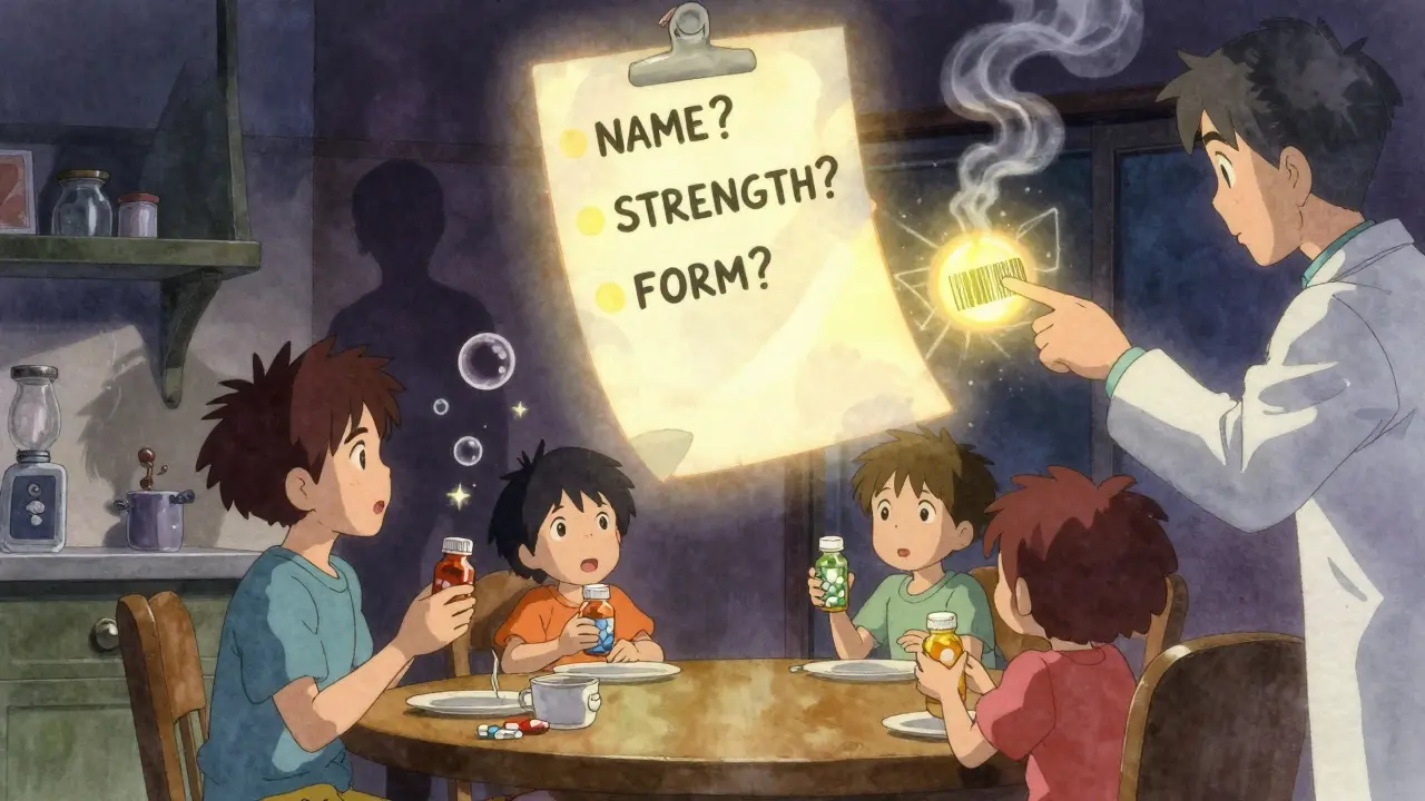 A family reads medication labels aloud as a glowing checklist hovers above them in warm light.