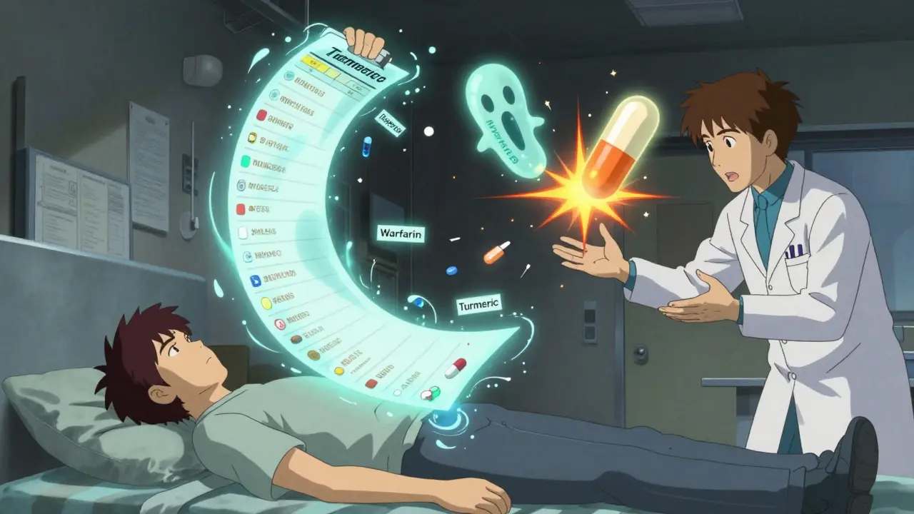 A floating, glowing medication list emerging from a wallet in an emergency room, with drug interactions visualized as swirling sparks.