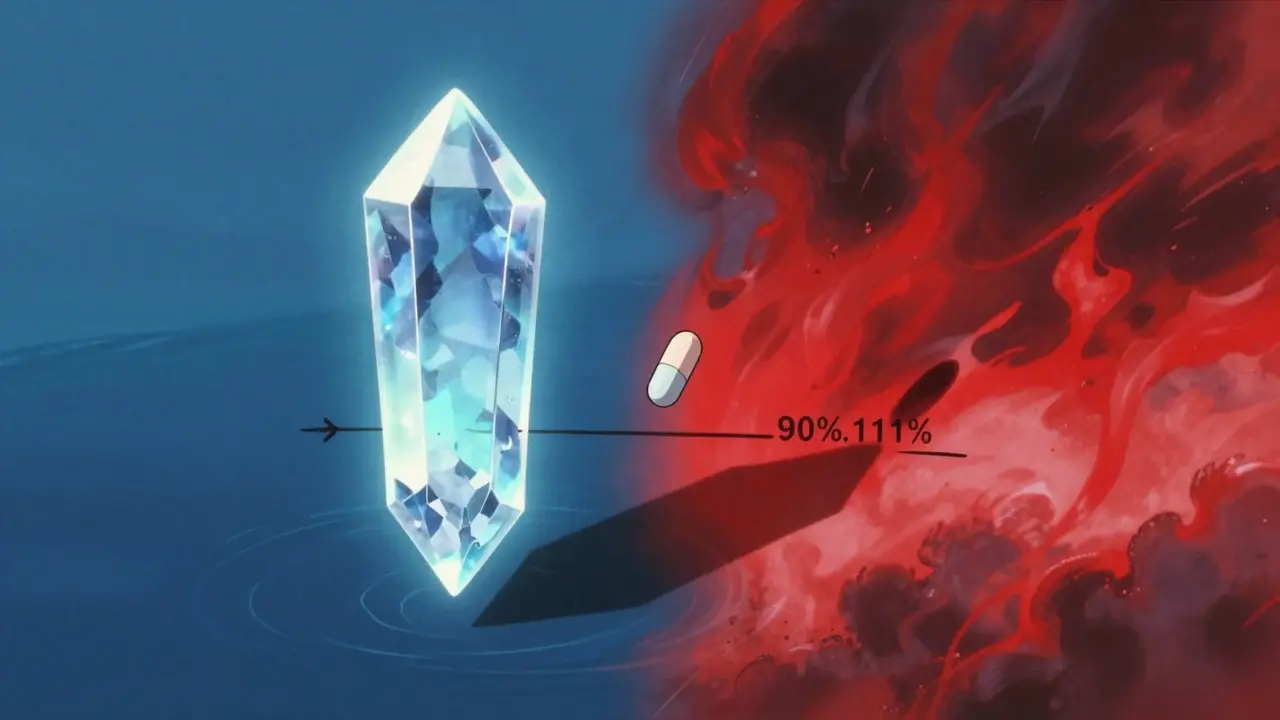 A fragile drug crystal balanced between calm blue and violent red forces, marked by a trembling safety boundary.