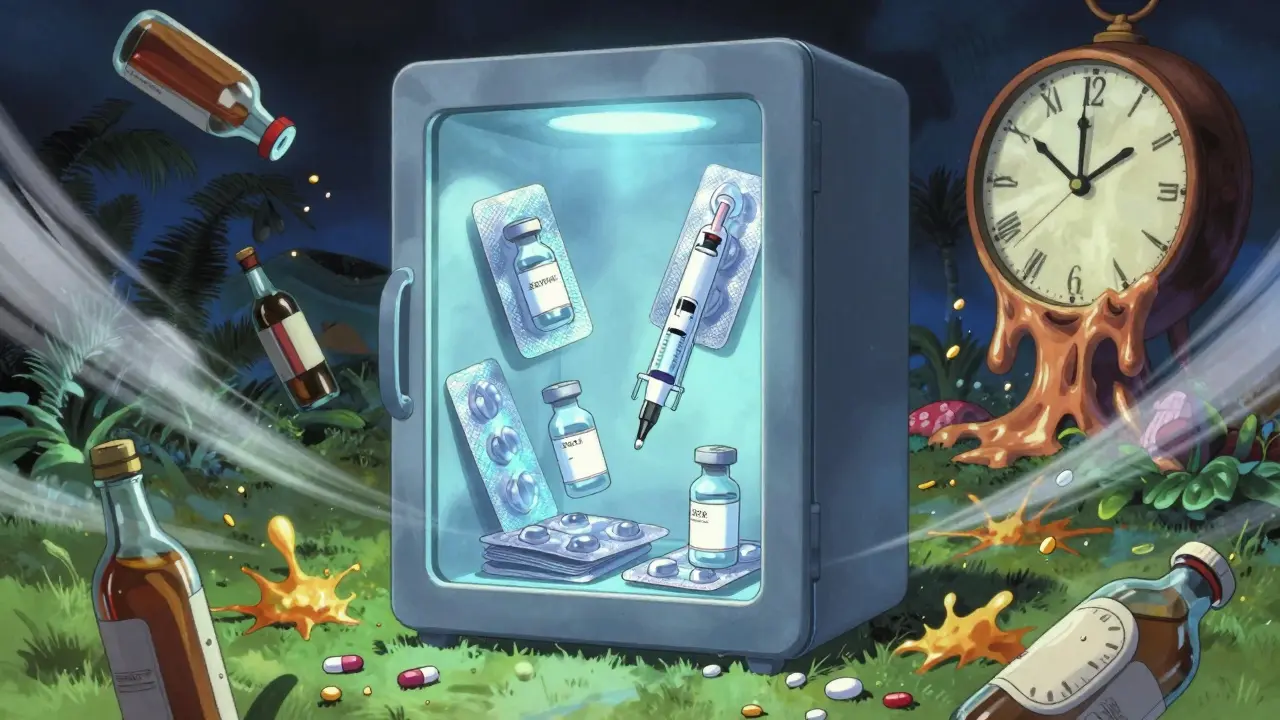 A glowing dry cabinet protecting insulin vials from tropical heat, while degraded meds dissolve in chaotic surroundings.