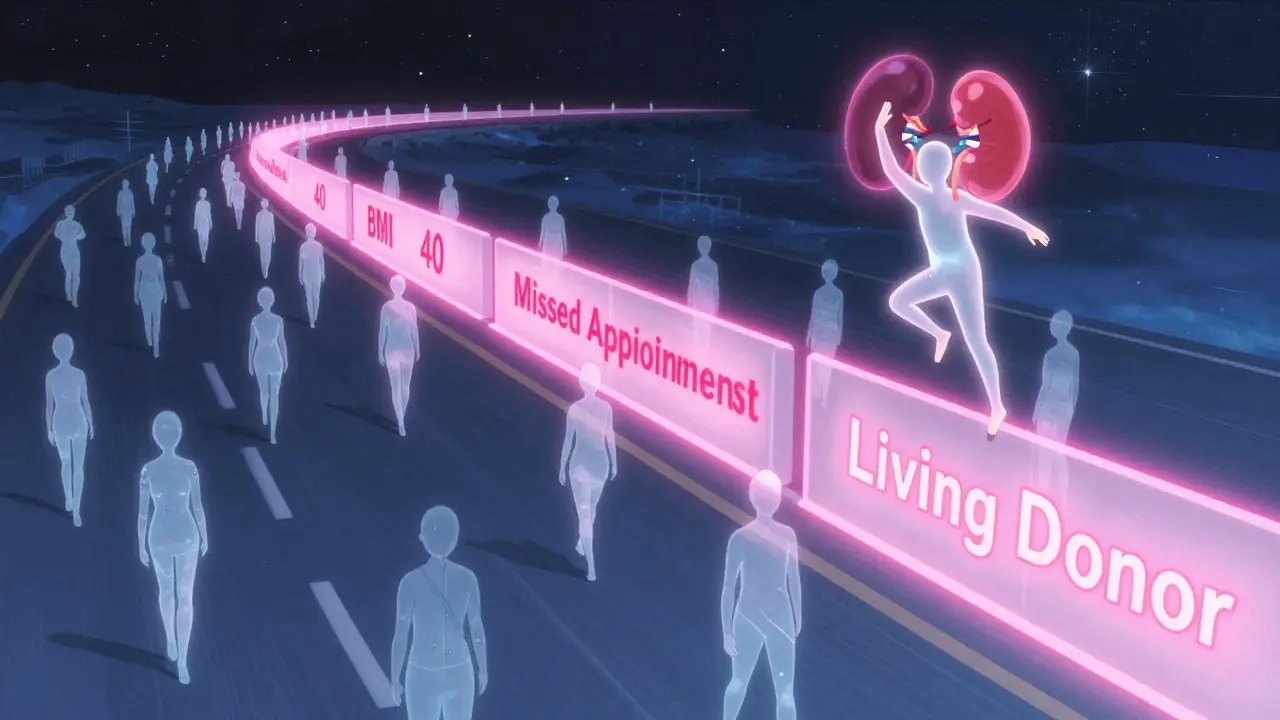 A glowing highway of transplant waitlist figures with obstacles and one leaping toward a living donor kidney.