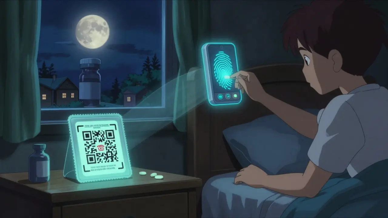 A glowing pill pouch projecting a video explanation in multiple languages, with a fingerprint scanner confirming medication intake at night.