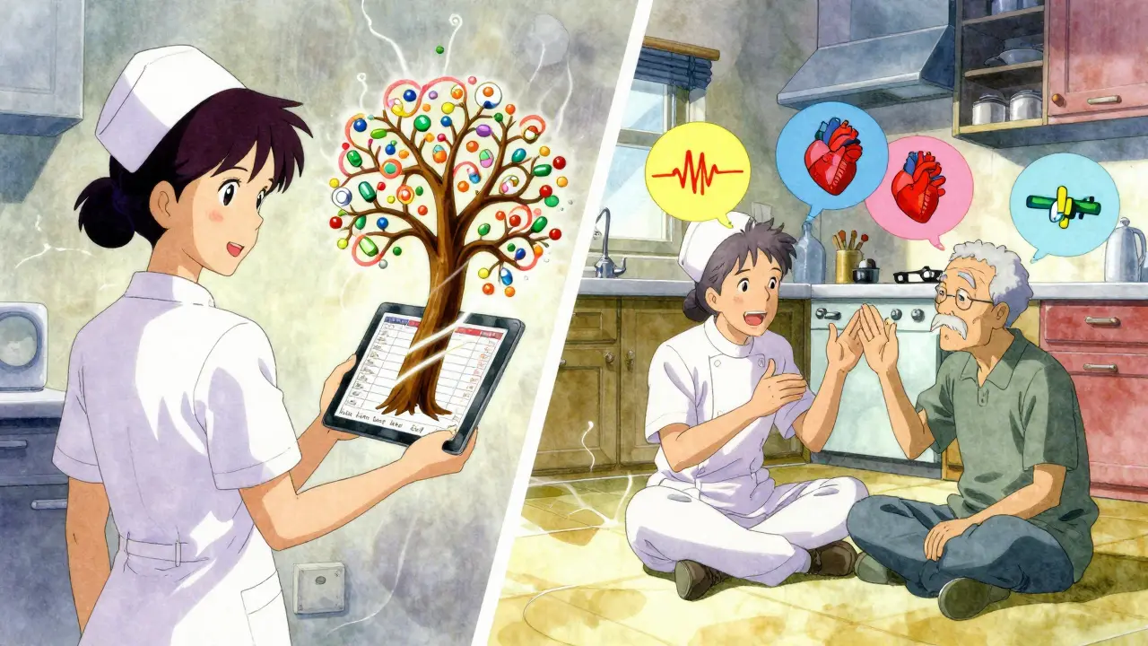 A home health nurse explaining medications to an elderly man using colorful thought bubbles showing improved health.