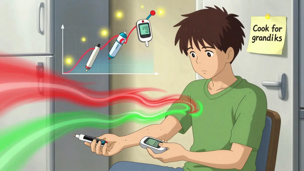 A man checking blood sugar on Sunday morning, abstract energy shifting from red to green, fridge note says 'Cook for grandkids.'