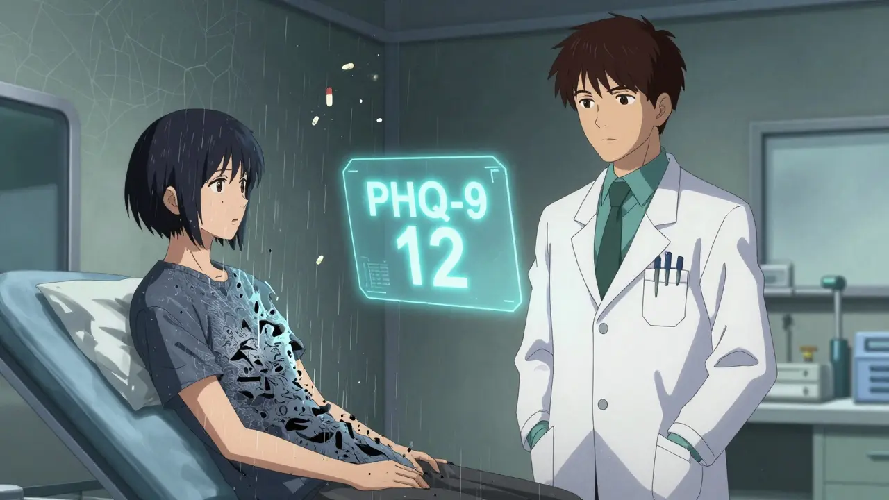 A patient's body fracturing into emotional elements as a doctor observes, with a glowing depression score between them.