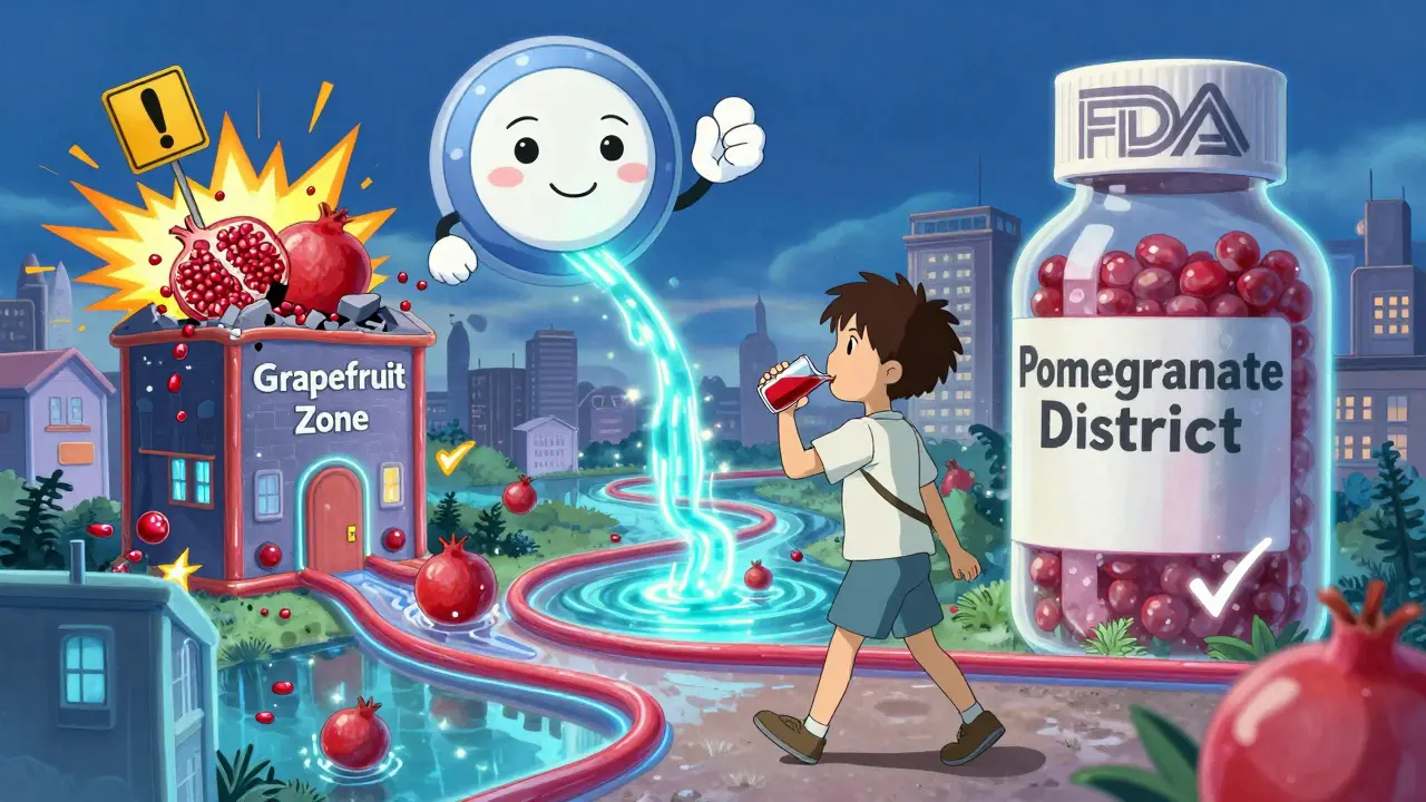 A person drinking pomegranate juice in a dreamlike city where drug interactions are represented as colorful neighborhoods