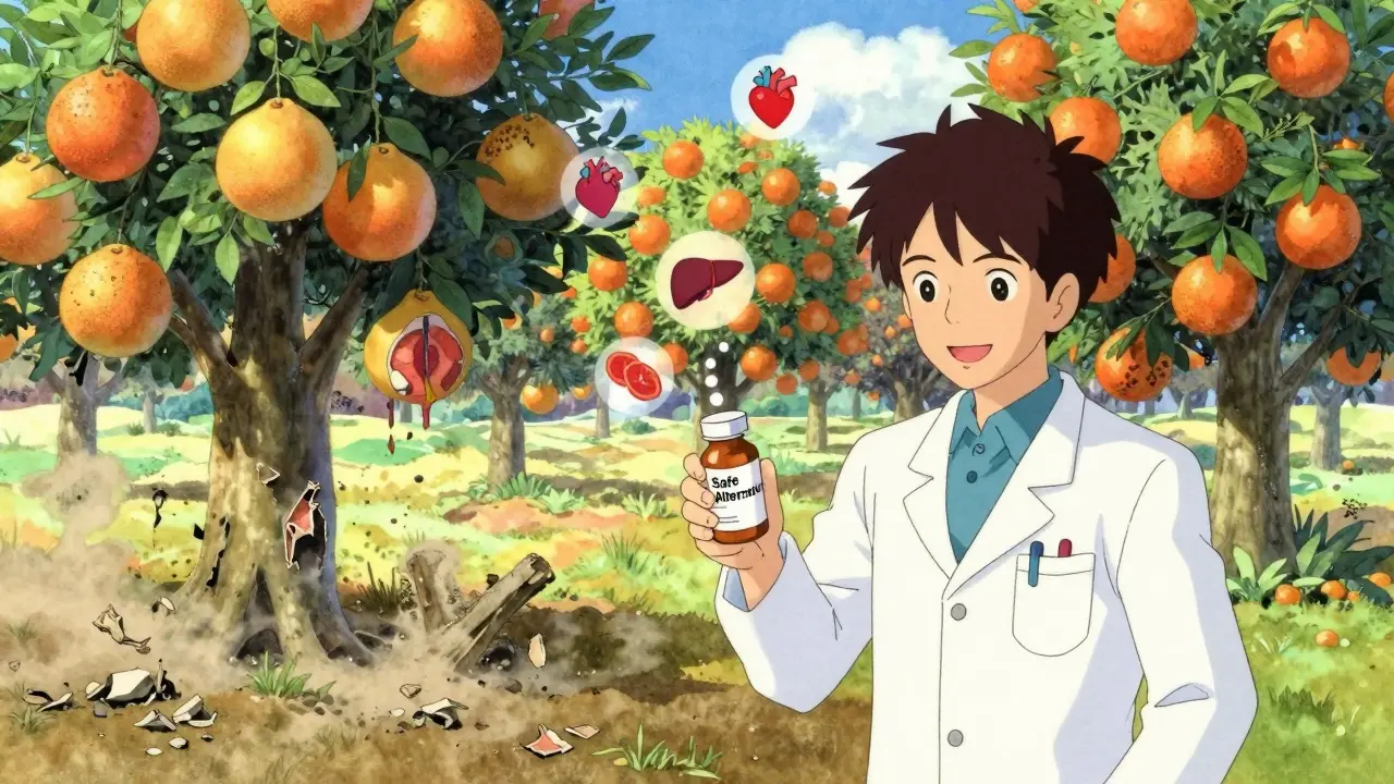 A pharmacist hands a safe prescription as grapefruit trees crumble and orange trees bloom in the background.