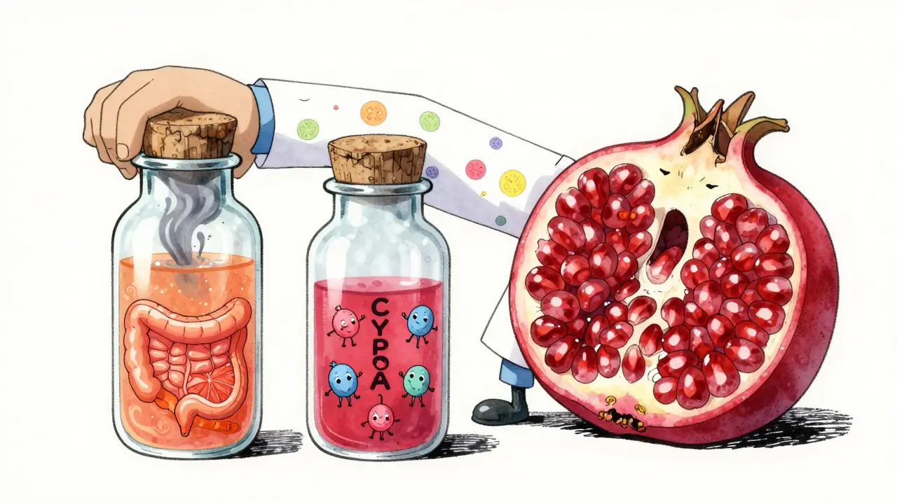 A pharmacist holding two vials showing grapefruit juice causing chaos and pomegranate juice causing calm in the gut
