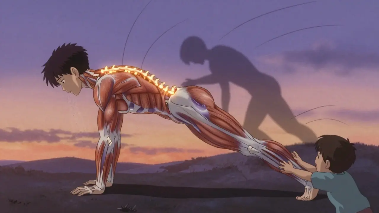 A spine being gently supported during exercise, with pain fading as a child reaches out to play.