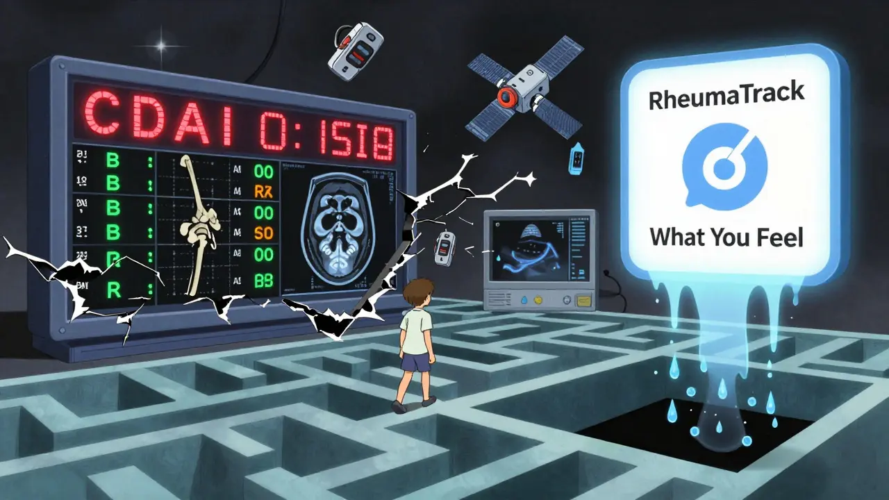 A surreal collage of RA monitoring tools: a patient walks through a maze of X-rays, MRIs, and ultrasound waves while wearable sensors orbit above.