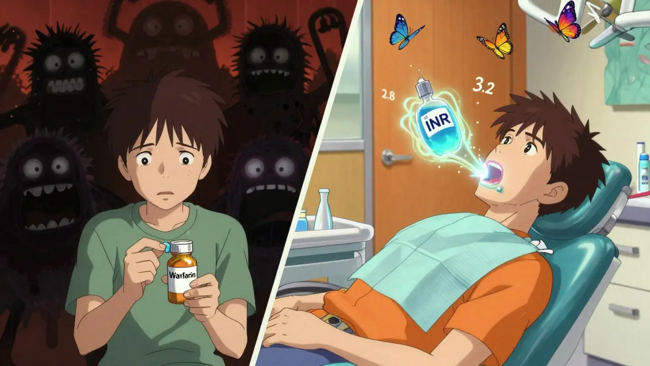 A worried patient transforms into a relaxed one as a magical mouthwash neutralizes clot threats, with floating INR numbers turning into butterflies.