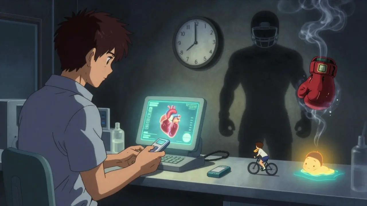 An athlete checks their INR at night with a holographic heart display, while shadowy high-risk sports fade away in smoke.