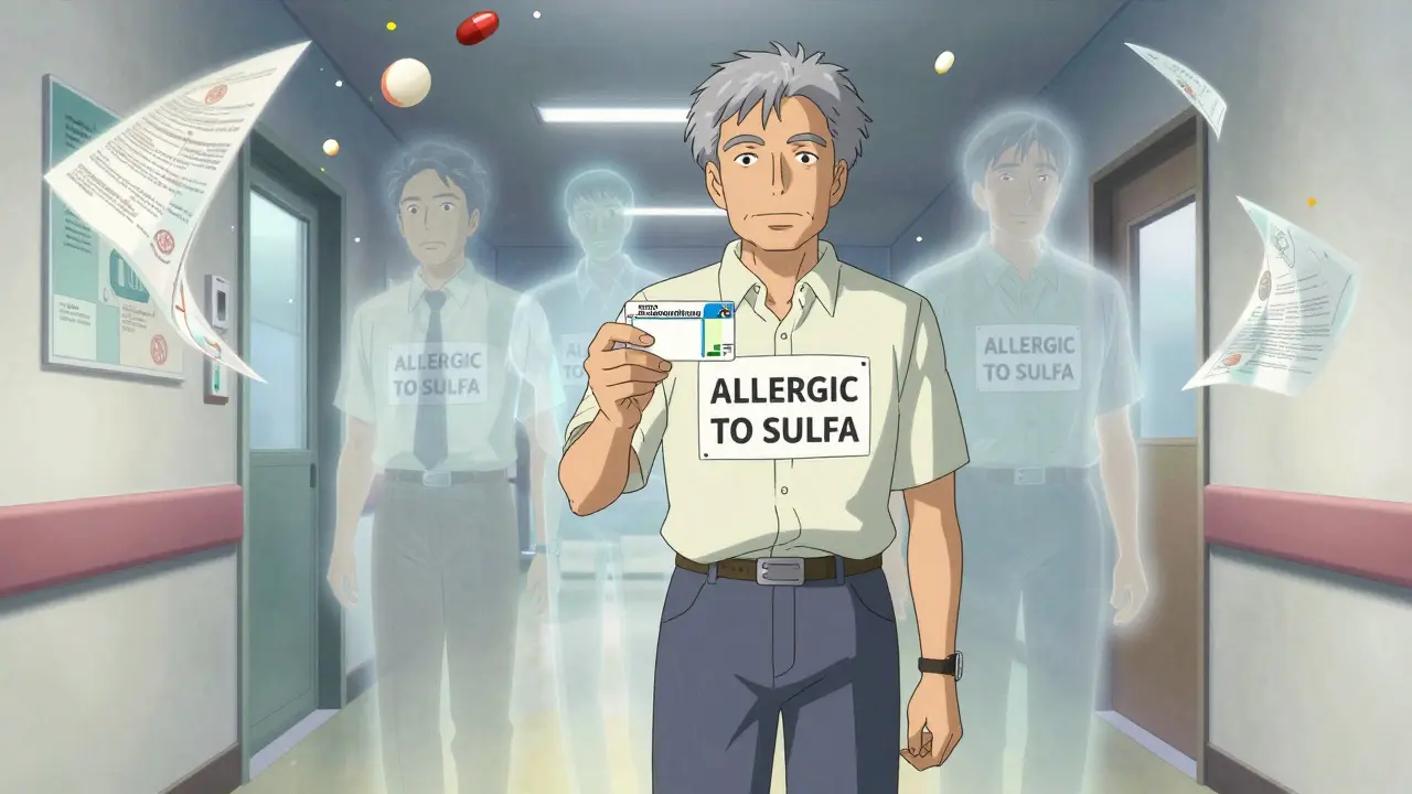 An elderly man holding a prescription as faded allergy labels disappear around him.