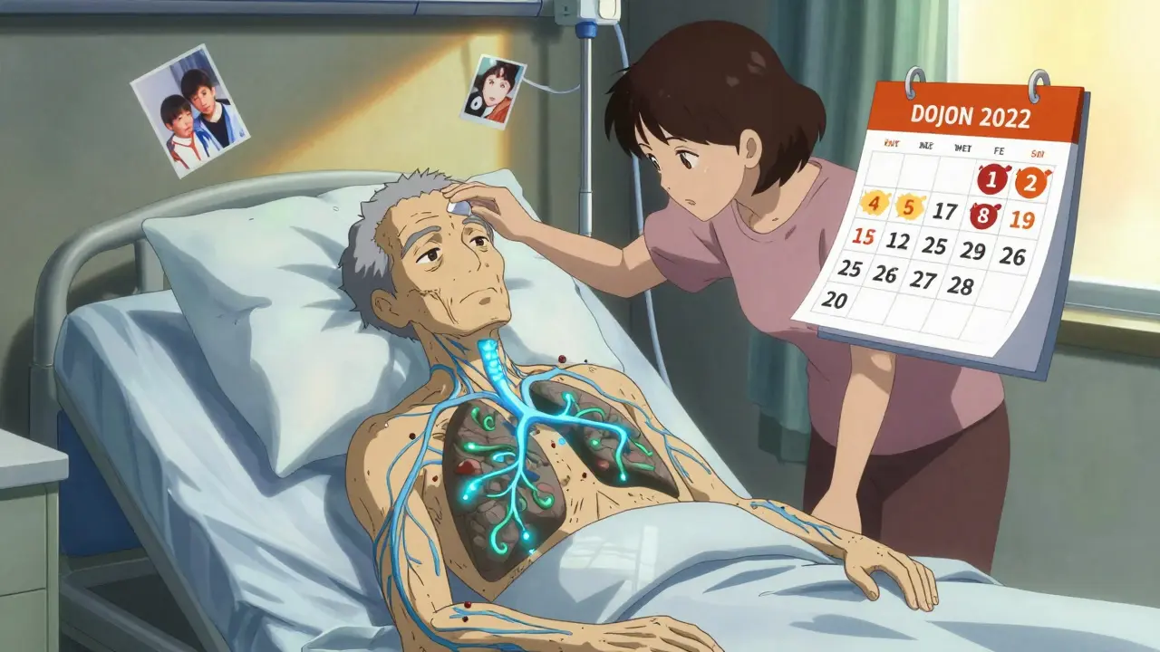 An elderly man in a hospital bed with RSV tendrils wrapping his lungs, his wife by his side.