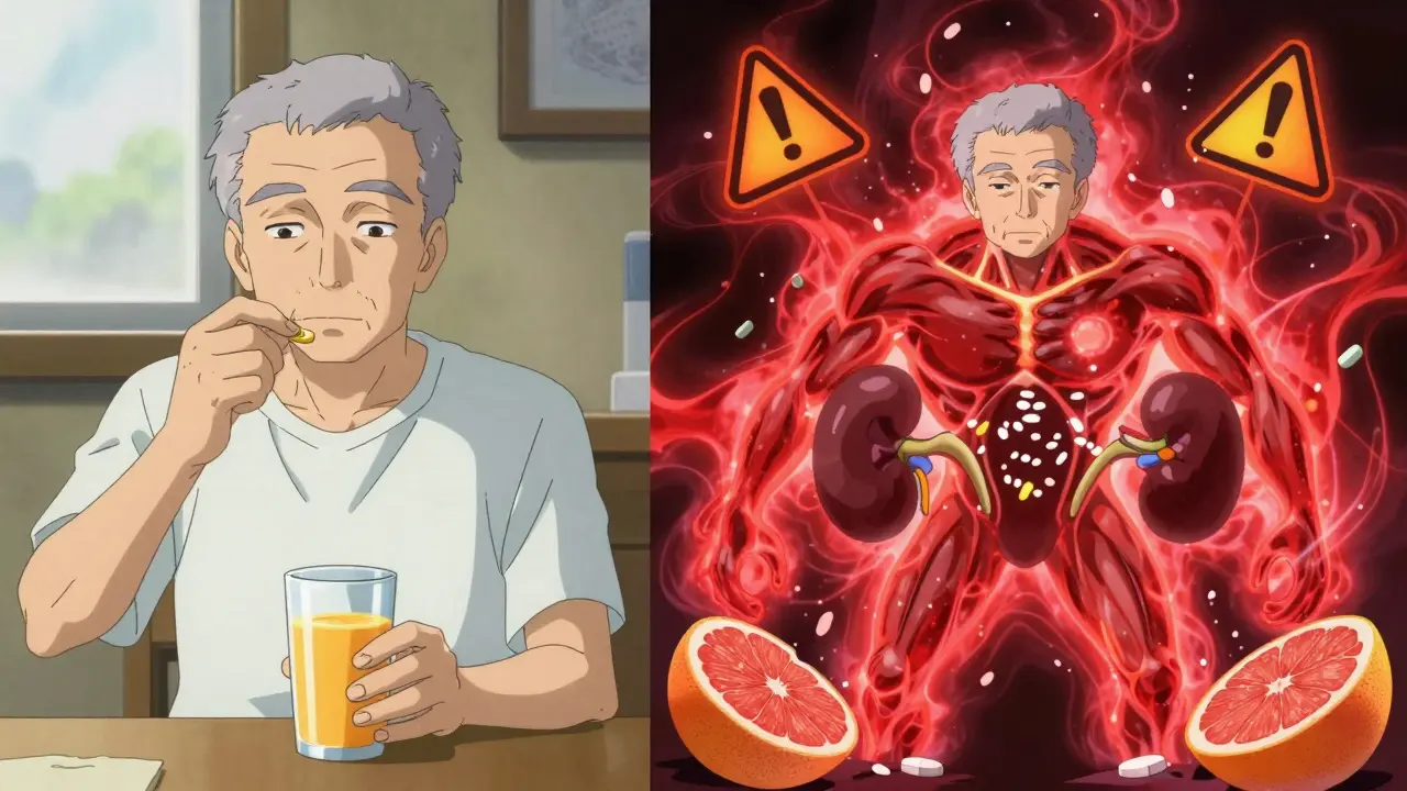 An elderly man’s body glowing with danger as statins cause organ damage, contrasted with safe orange juice.