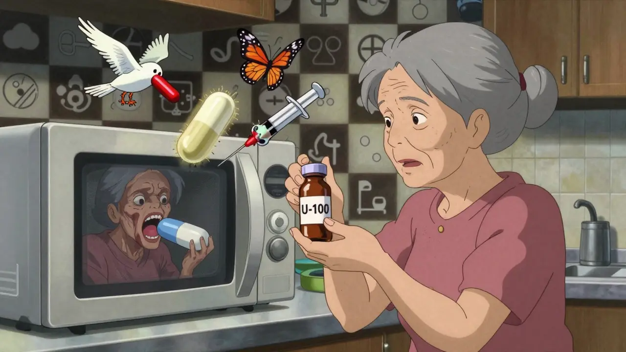 An elderly woman sees a terrifying reflection of herself taking the wrong dose of liquid medication.