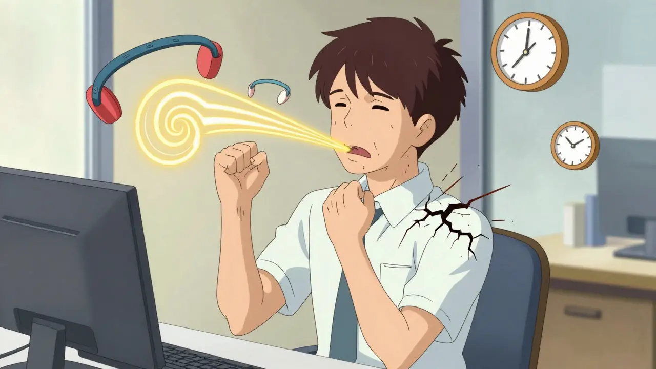 An office worker doing a short shoulder stretch with breath threads repairing tension lines.