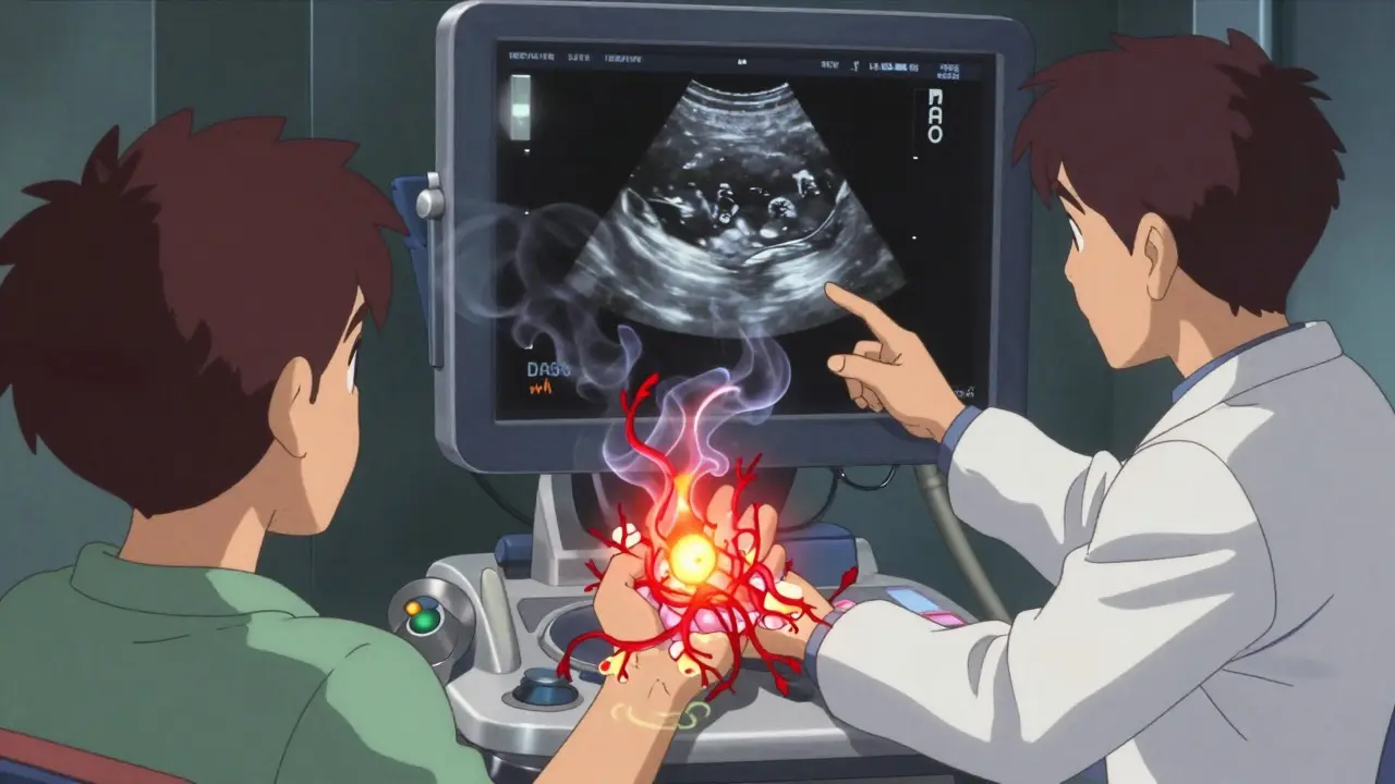 An ultrasound visualization shows inflamed joint tissue as fiery red vines, with DAS28 scores dissolving into smoke around the patient and doctor.
