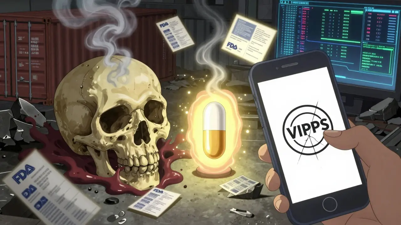 Counterfeit pill dissolving into skull-shaped smoke beside glowing authentic pill with FDA images.