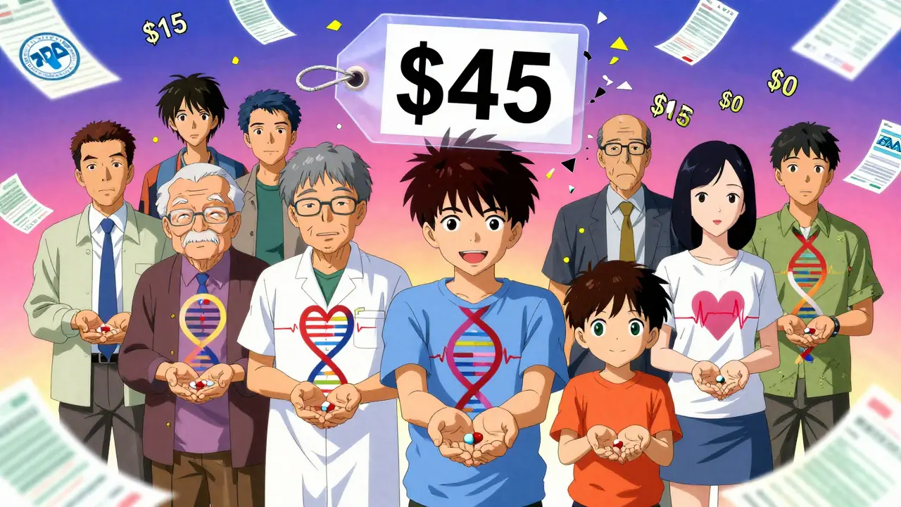 Diverse group of people holding the same pill as their bodies transform into matching DNA helixes and heartbeats.