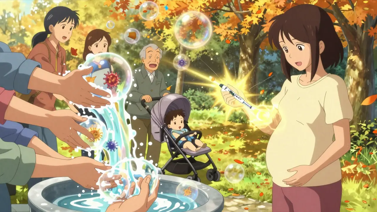 Diverse hands washing in glowing soap bubbles that destroy RSV viruses, with a pregnant woman receiving protection.