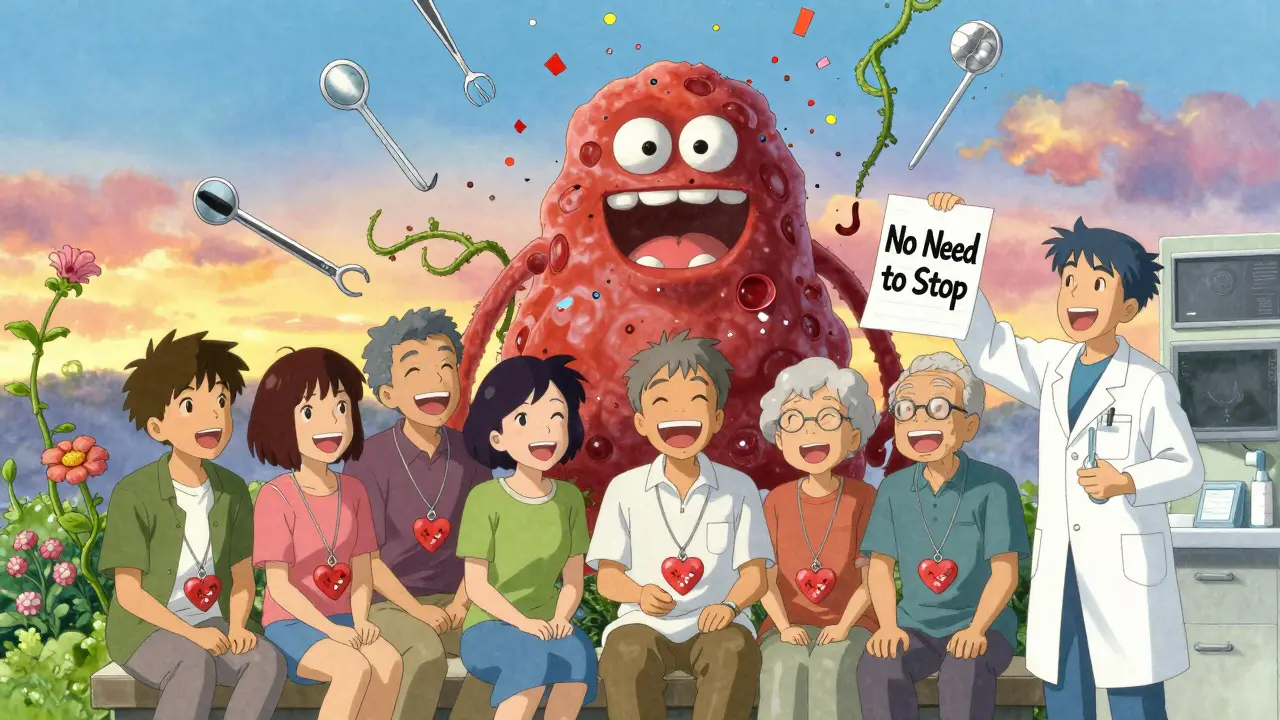 Diverse patients laugh outside a dental office, heart charms representing their medication, while a giant clot crumbles into confetti.